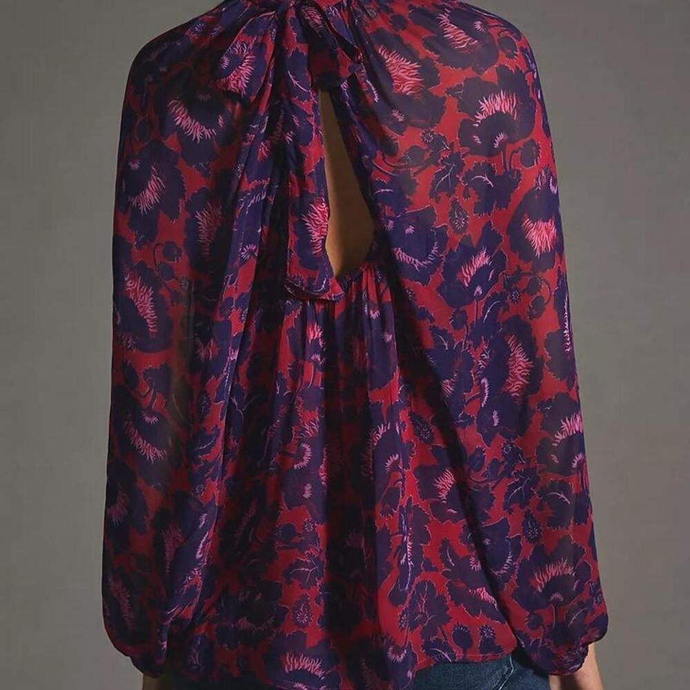 Anthropologie Maeve red and purple floral blouse with puff sleeves Size XXS - Picture 3 of 5